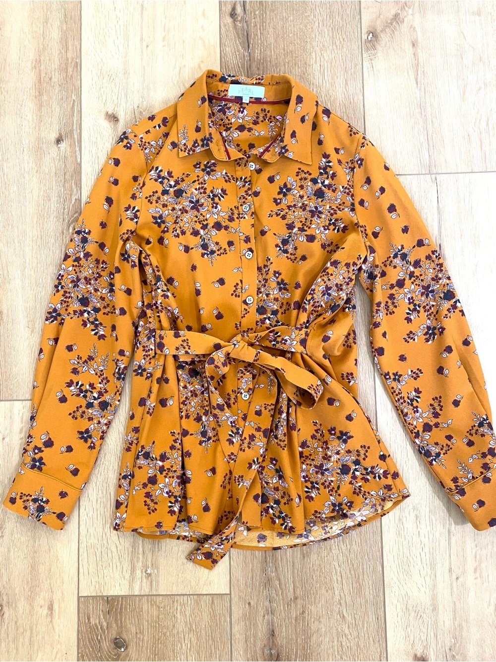 Pearl By Lela Rose Top Women’s Size Medium Mustard Floral Tie Waist Designer